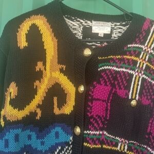 Women's Vintage Susan Bristol Hand Knit Black Cardigan Sweater Colorful Large